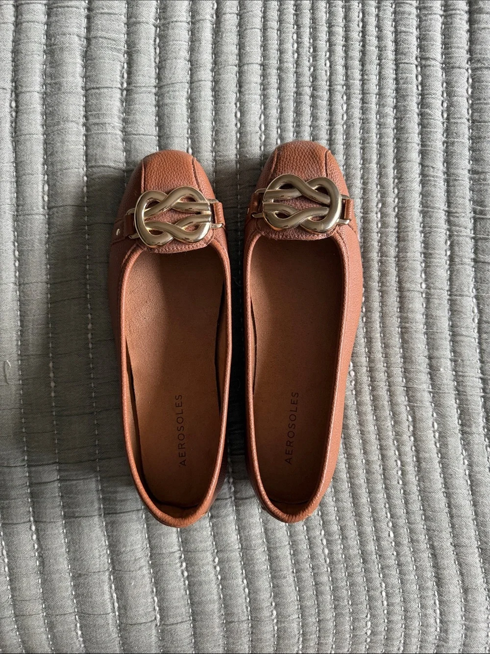 AEROSOLES Rust Brown Leather Loafers with Gold Accent